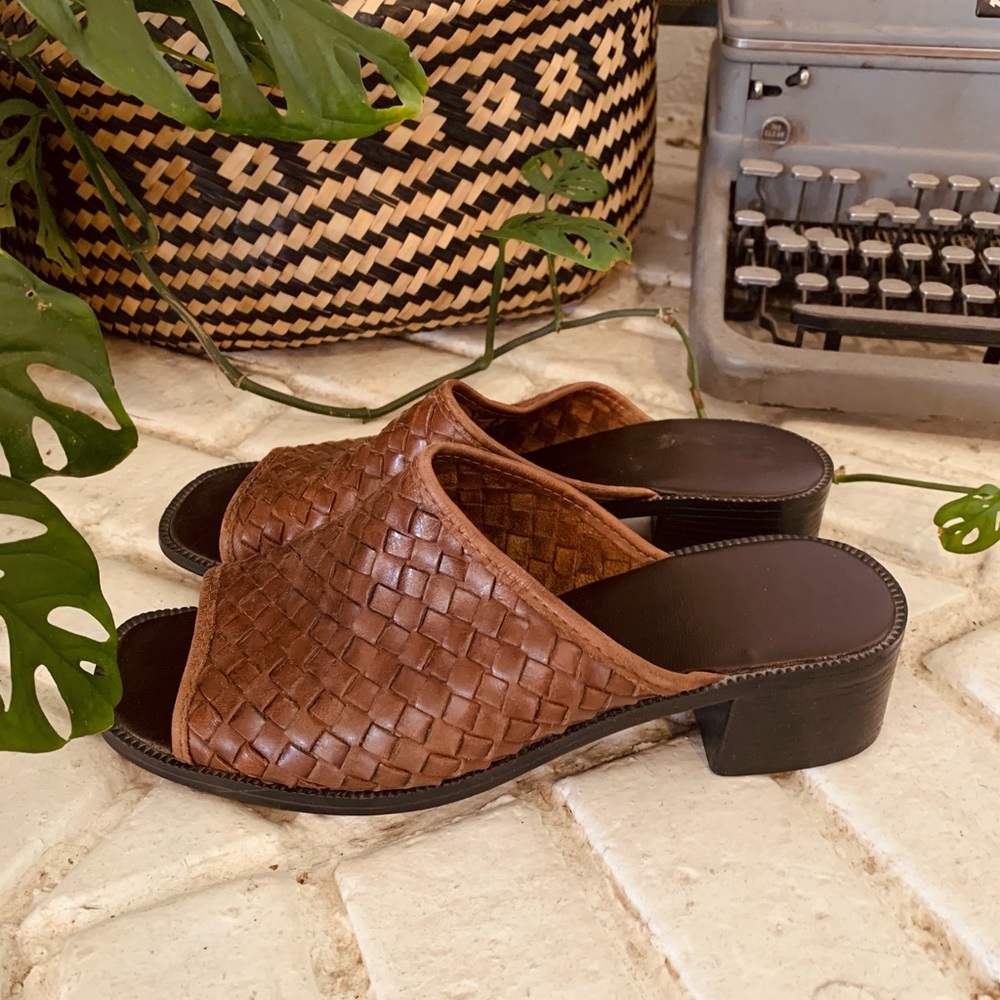 Woven Leather Heeled Mules